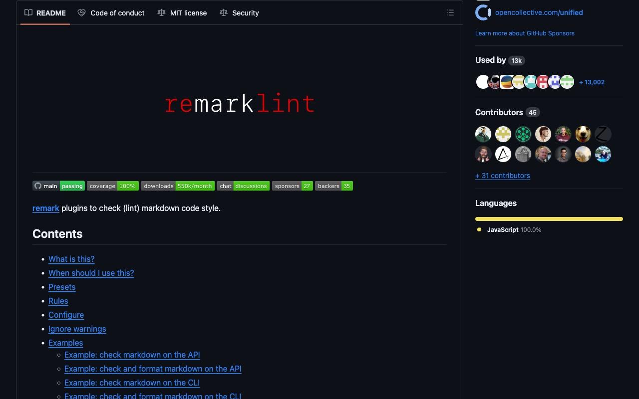 remark-lint screenshot