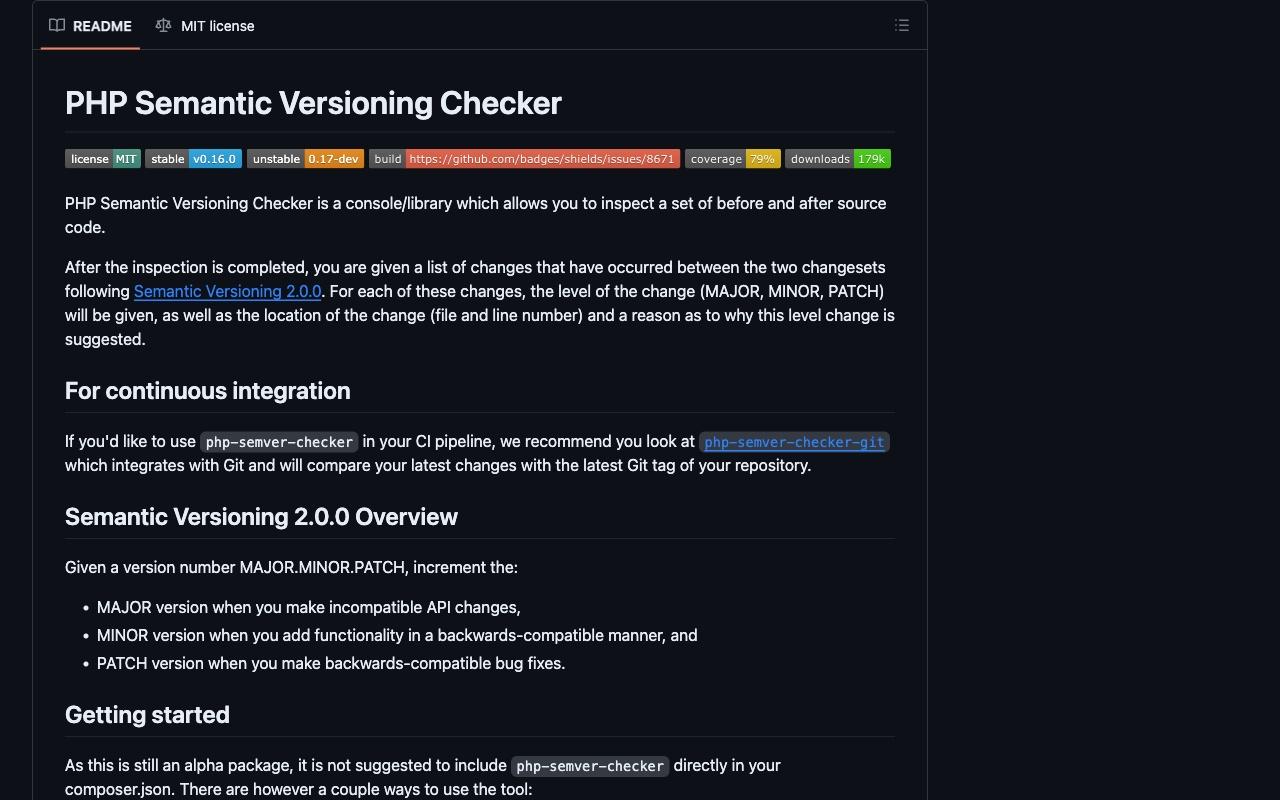 PHP Semantic Versioning Checker screenshot