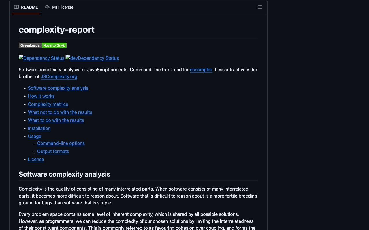 complexity-report screenshot
